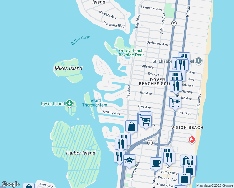 map of restaurants, bars, coffee shops, grocery stores, and more near 417 8th Avenue in Seaside Heights