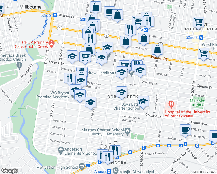 map of restaurants, bars, coffee shops, grocery stores, and more near 5806 Osage Avenue in Philadelphia