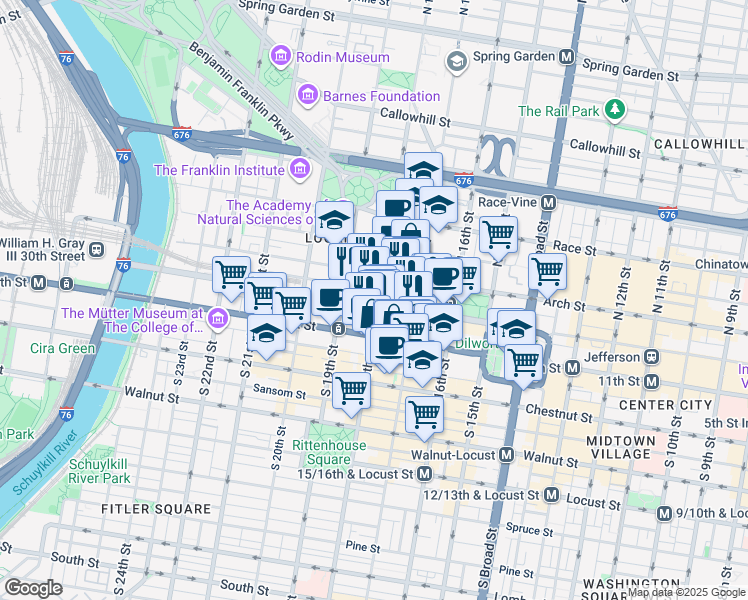 map of restaurants, bars, coffee shops, grocery stores, and more near 1815 John F Kennedy Boulevard in Philadelphia