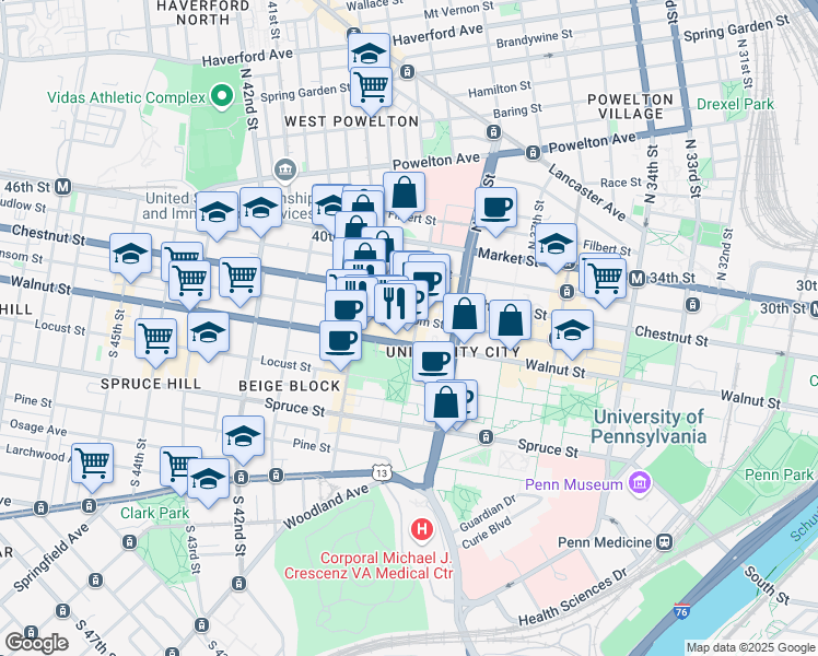 map of restaurants, bars, coffee shops, grocery stores, and more near 128 South 39th Street in Philadelphia