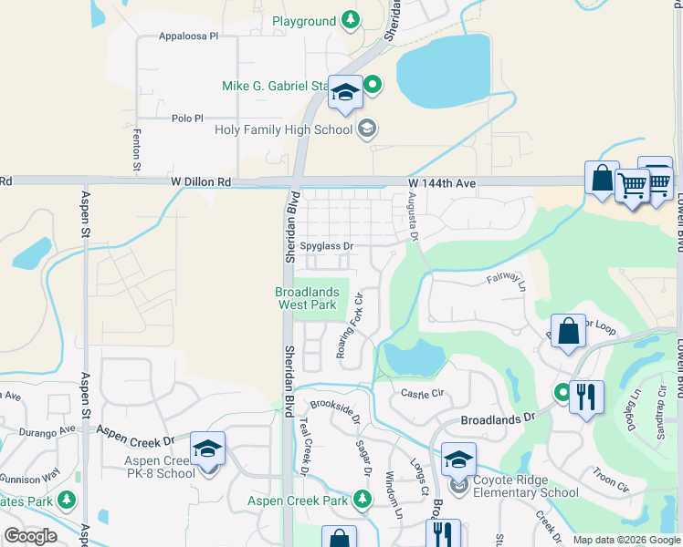 map of restaurants, bars, coffee shops, grocery stores, and more near 5042 Grey Wolf Place in Broomfield