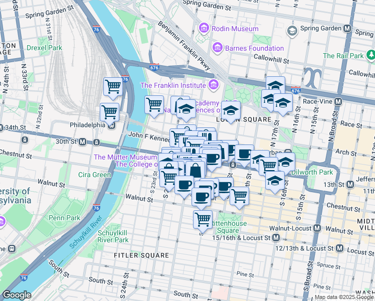 map of restaurants, bars, coffee shops, grocery stores, and more near 2101 Market Street in Philadelphia