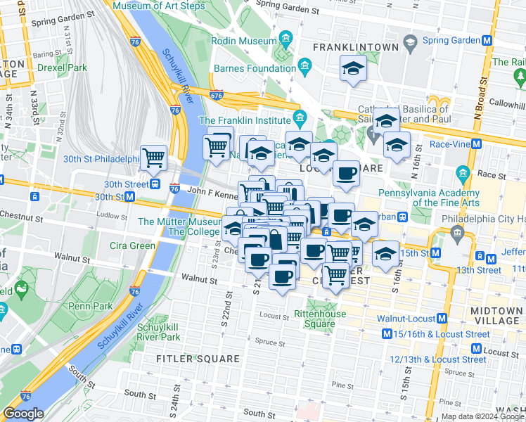 map of restaurants, bars, coffee shops, grocery stores, and more near 2101 Market Street in Philadelphia