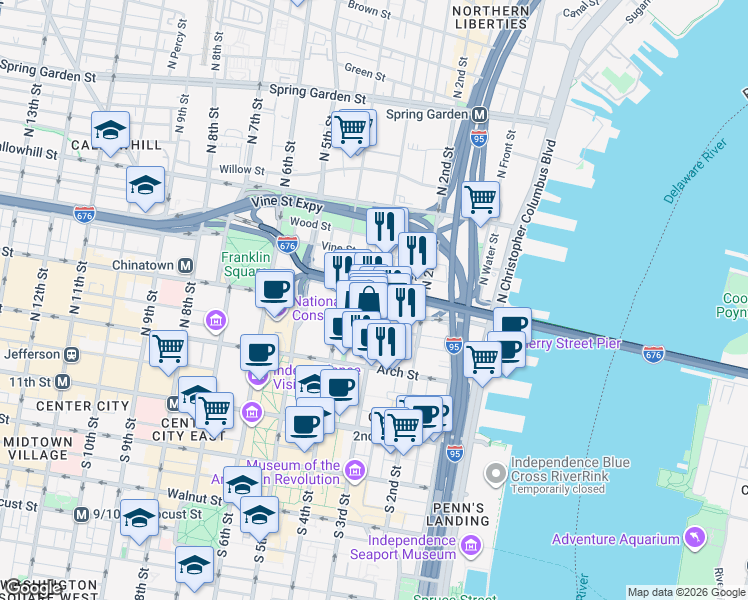 map of restaurants, bars, coffee shops, grocery stores, and more near 312 Race Street in Philadelphia