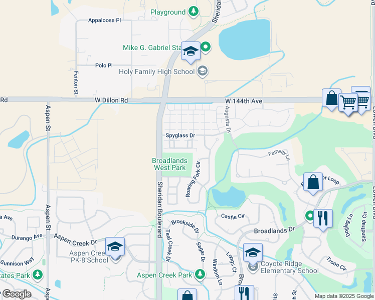 map of restaurants, bars, coffee shops, grocery stores, and more near 5042 Grey Wolf Place in Broomfield