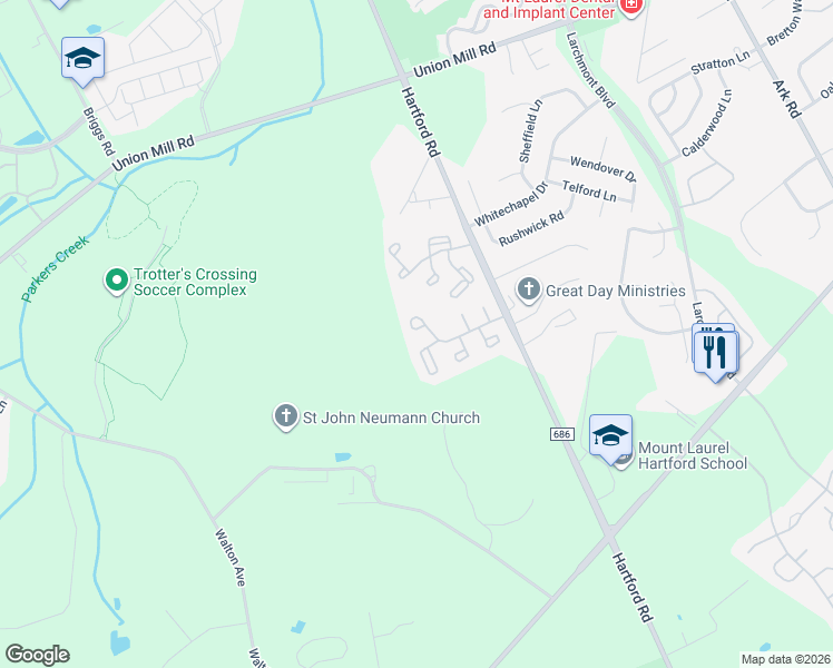 map of restaurants, bars, coffee shops, grocery stores, and more near 388 Inverness Court in Mount Laurel Township