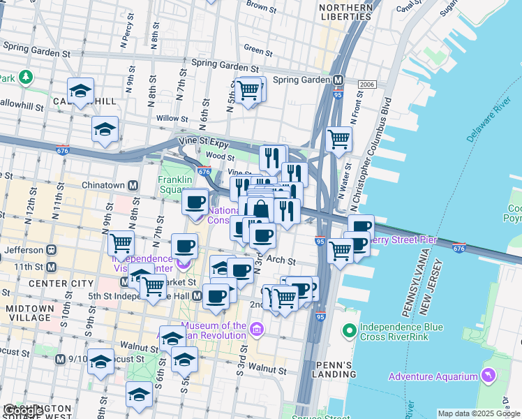 map of restaurants, bars, coffee shops, grocery stores, and more near 301 Race Street in Philadelphia