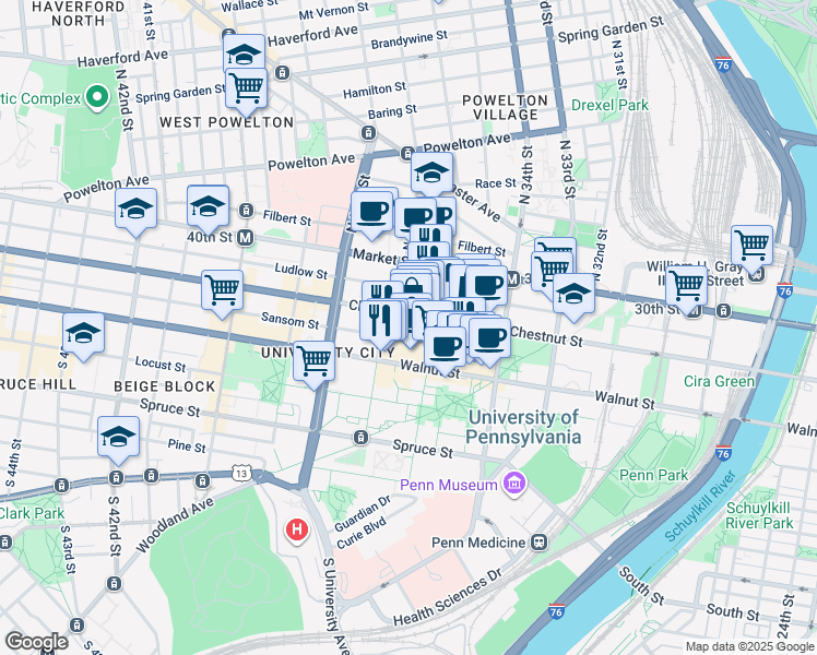 map of restaurants, bars, coffee shops, grocery stores, and more near 3600 Chestnut Street in Philadelphia