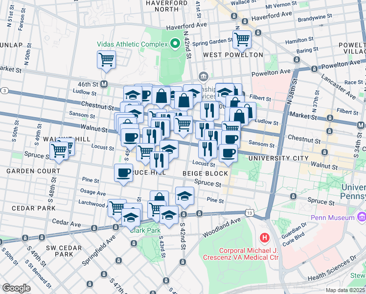 map of restaurants, bars, coffee shops, grocery stores, and more near 4208 Walnut Street in Philadelphia