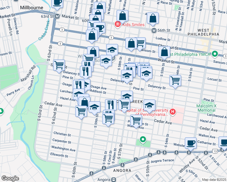 map of restaurants, bars, coffee shops, grocery stores, and more near 5806 Osage Avenue in Philadelphia