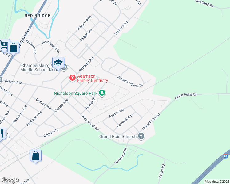 map of restaurants, bars, coffee shops, grocery stores, and more near 751 Bassett Drive in Chambersburg