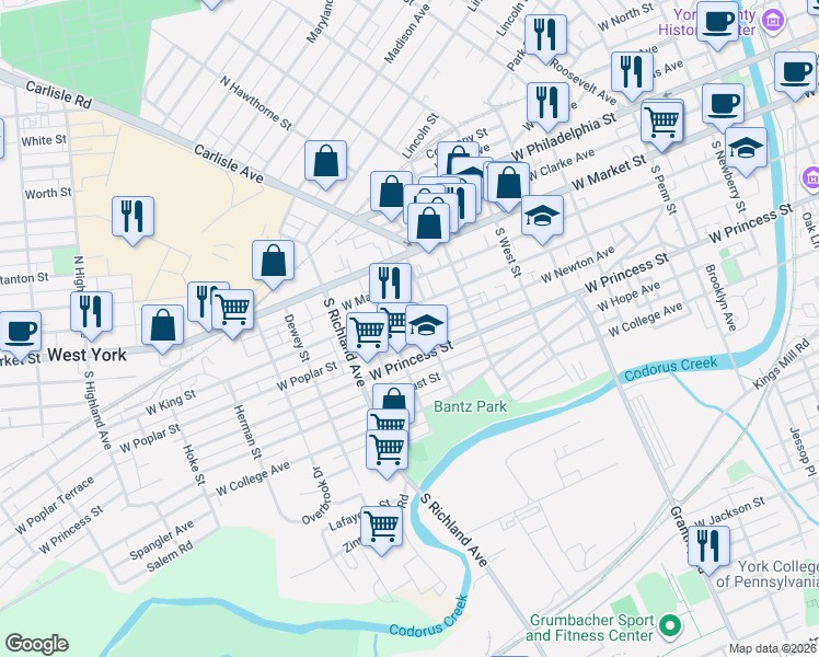 map of restaurants, bars, coffee shops, grocery stores, and more near 806 School Place in York