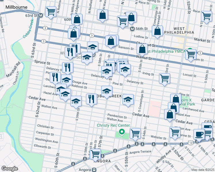 map of restaurants, bars, coffee shops, grocery stores, and more near 414 South 57th Street in Philadelphia