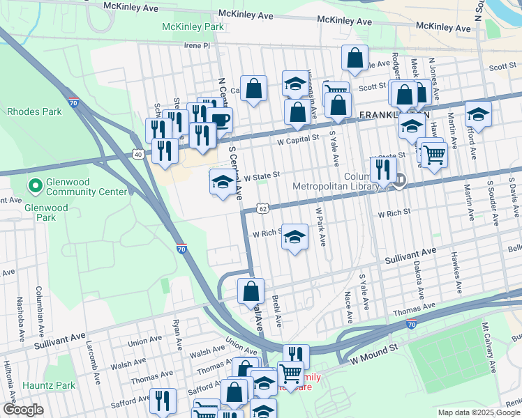 map of restaurants, bars, coffee shops, grocery stores, and more near W Town St & Brehl Ave in Columbus