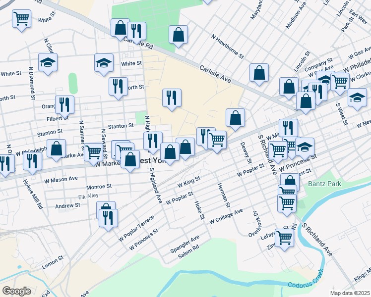 map of restaurants, bars, coffee shops, grocery stores, and more near 1253 West Market Street in York