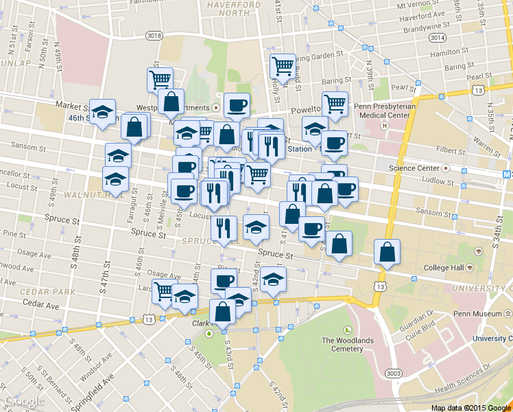 map of restaurants, bars, coffee shops, grocery stores, and more near 4210 Walnut St in Philadelphia