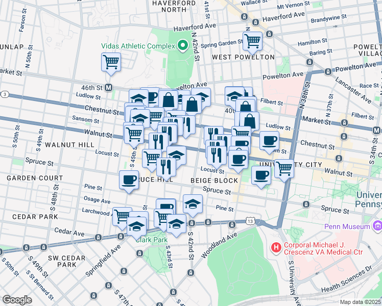 map of restaurants, bars, coffee shops, grocery stores, and more near 4208 Walnut Street in Philadelphia