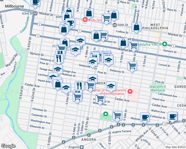 map of restaurants, bars, coffee shops, grocery stores, and more near 414 South 57th Street in Philadelphia
