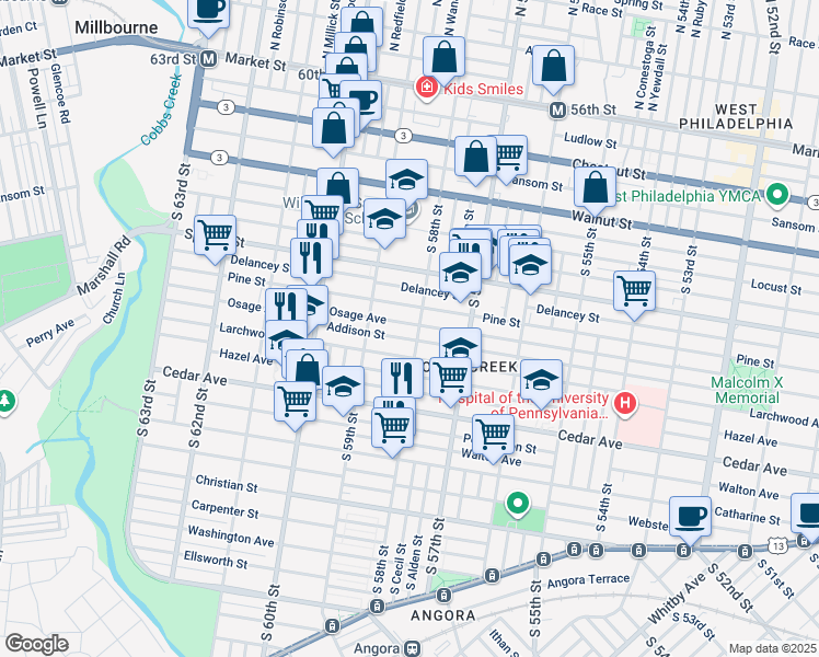 map of restaurants, bars, coffee shops, grocery stores, and more near 5808 Osage Avenue in Philadelphia
