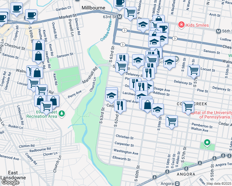map of restaurants, bars, coffee shops, grocery stores, and more near 6218 Larchwood Avenue in Philadelphia
