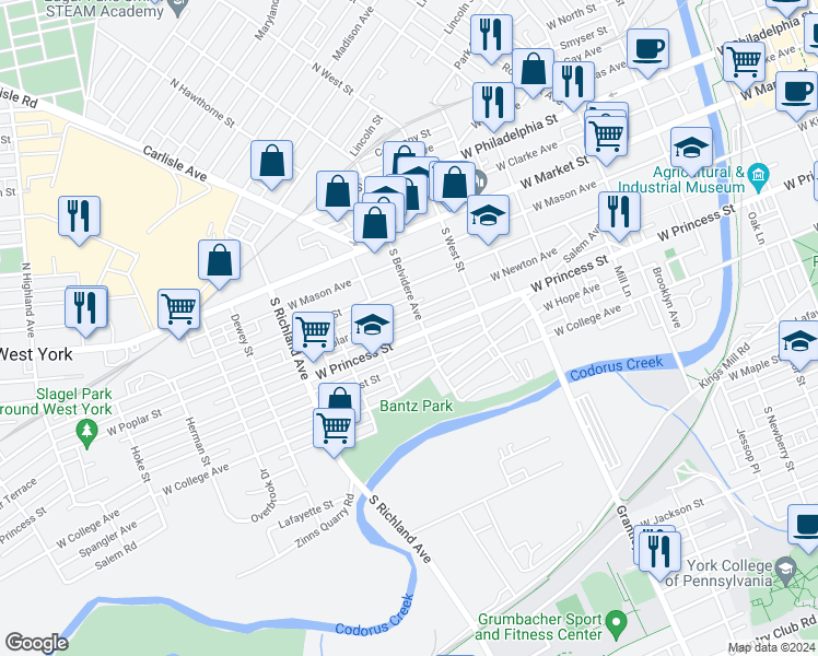 map of restaurants, bars, coffee shops, grocery stores, and more near 716 School Place in York