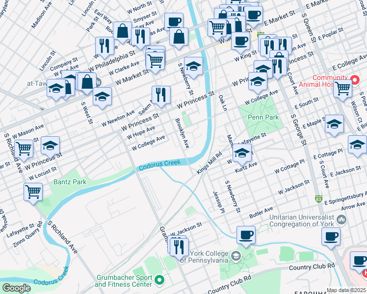 map of restaurants, bars, coffee shops, grocery stores, and more near 353 South Penn Street in York