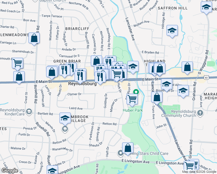 map of restaurants, bars, coffee shops, grocery stores, and more near 1405 Haft Drive in Reynoldsburg