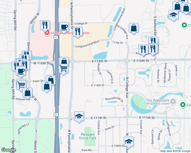 map of restaurants, bars, coffee shops, grocery stores, and more near 11403 Central Drive West in Carmel
