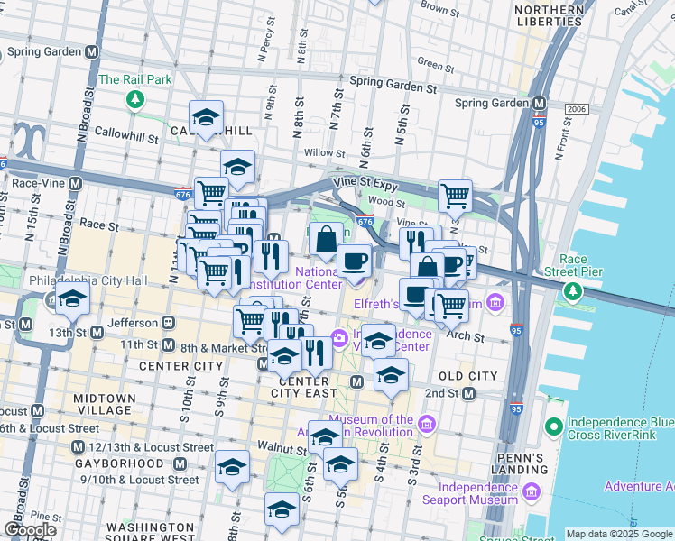 map of restaurants, bars, coffee shops, grocery stores, and more near 190 North Independence Mall West in Philadelphia