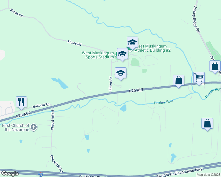 map of restaurants, bars, coffee shops, grocery stores, and more near 150 Kims Road in Zanesville