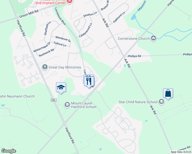 map of restaurants, bars, coffee shops, grocery stores, and more near 1201A Ralston Drive in Mount Laurel Township