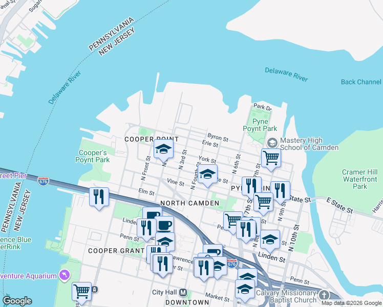 map of restaurants, bars, coffee shops, grocery stores, and more near 837 North Fourth Street in Camden