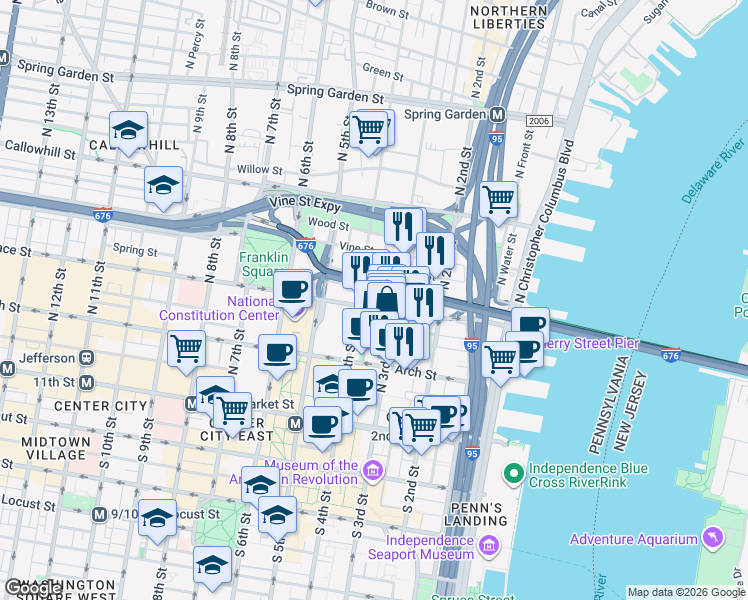 map of restaurants, bars, coffee shops, grocery stores, and more near 312 Race Street in Philadelphia
