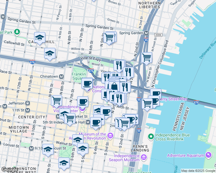 map of restaurants, bars, coffee shops, grocery stores, and more near 312 Race Street in Philadelphia