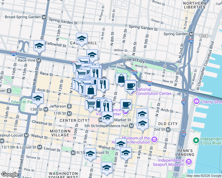 map of restaurants, bars, coffee shops, grocery stores, and more near 118 North 7th Street in Philadelphia
