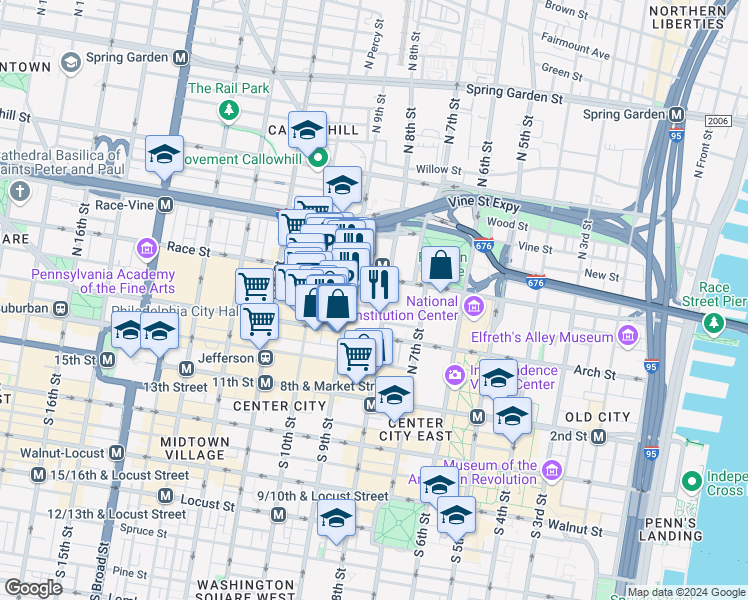 map of restaurants, bars, coffee shops, grocery stores, and more near 800 Cherry Street in Philadelphia