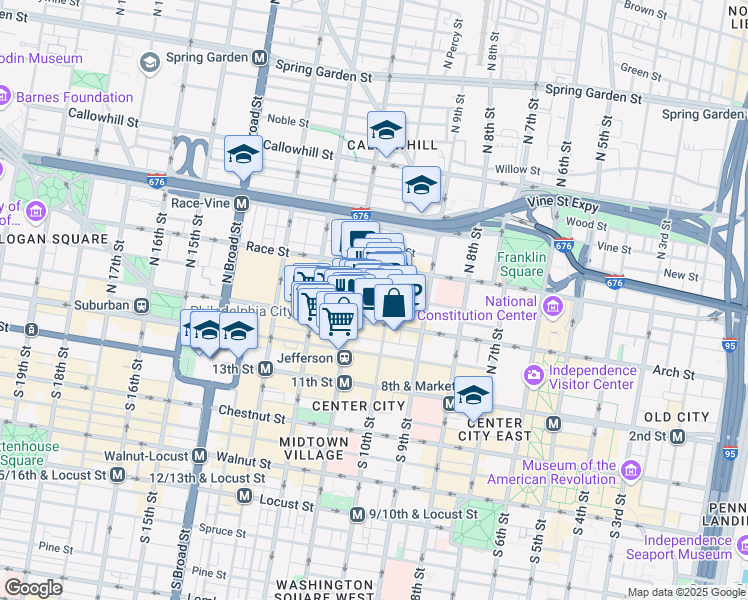 map of restaurants, bars, coffee shops, grocery stores, and more near 1027 Arch Street in Philadelphia