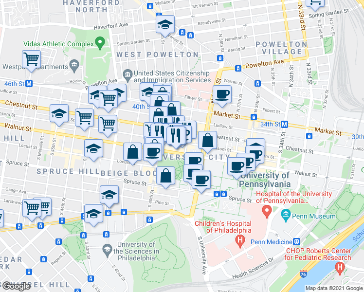 map of restaurants, bars, coffee shops, grocery stores, and more near 3925 Walnut Street in Philadelphia