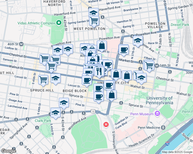map of restaurants, bars, coffee shops, grocery stores, and more near 3925 Walnut Street in Philadelphia