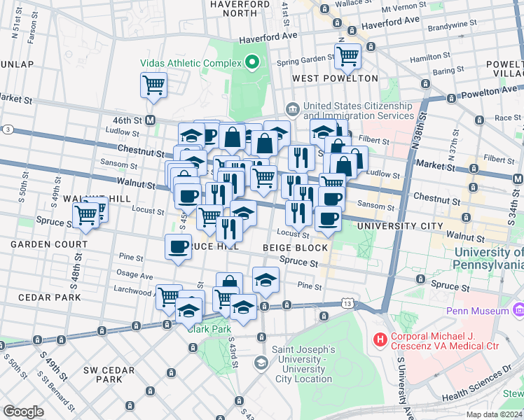 map of restaurants, bars, coffee shops, grocery stores, and more near 4210 Walnut St in Philadelphia
