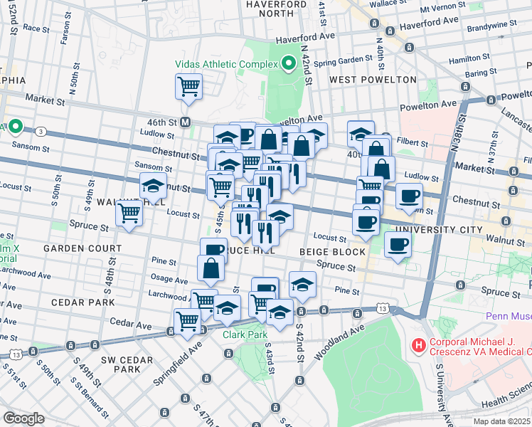 map of restaurants, bars, coffee shops, grocery stores, and more near 202 South 43rd Street in Philadelphia