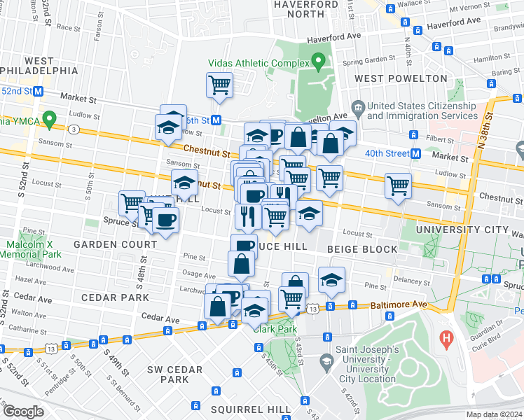 map of restaurants, bars, coffee shops, grocery stores, and more near 4426 Locust Street in Philadelphia