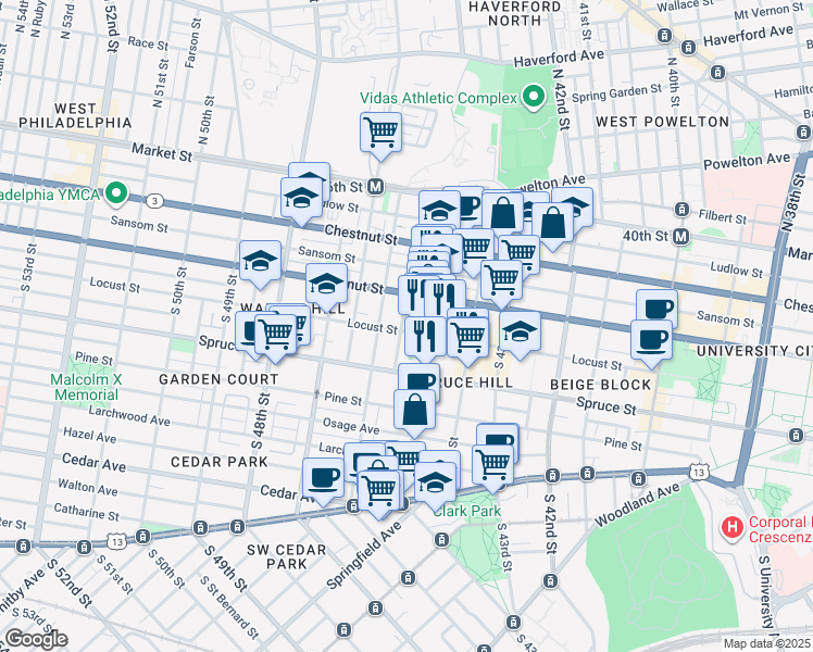 map of restaurants, bars, coffee shops, grocery stores, and more near 4520 Locust Street in Philadelphia