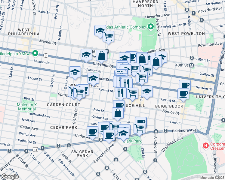 map of restaurants, bars, coffee shops, grocery stores, and more near 4520 Locust Street in Philadelphia