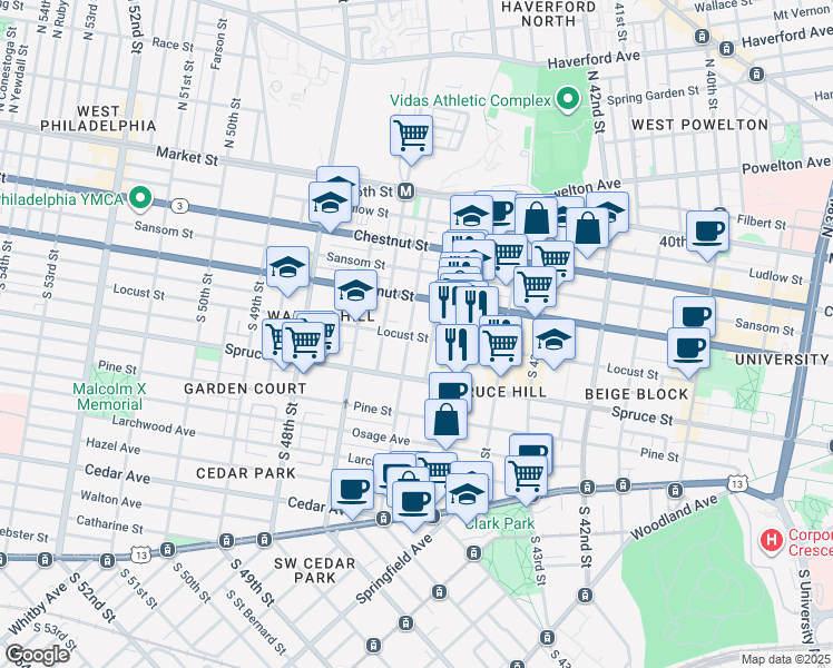 map of restaurants, bars, coffee shops, grocery stores, and more near 4520 Locust Street in Philadelphia