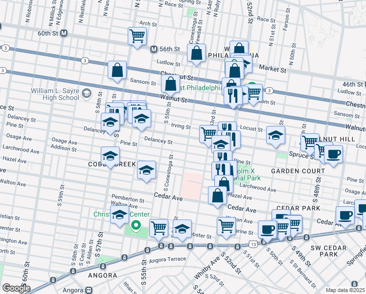 map of restaurants, bars, coffee shops, grocery stores, and more near 5428 Pine Street in Philadelphia