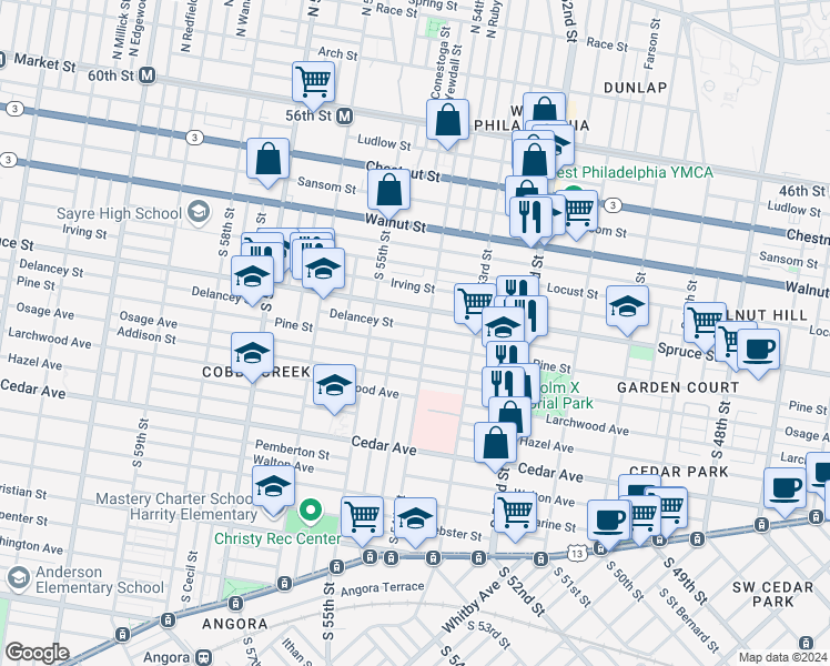 map of restaurants, bars, coffee shops, grocery stores, and more near 5428 Pine Street in Philadelphia