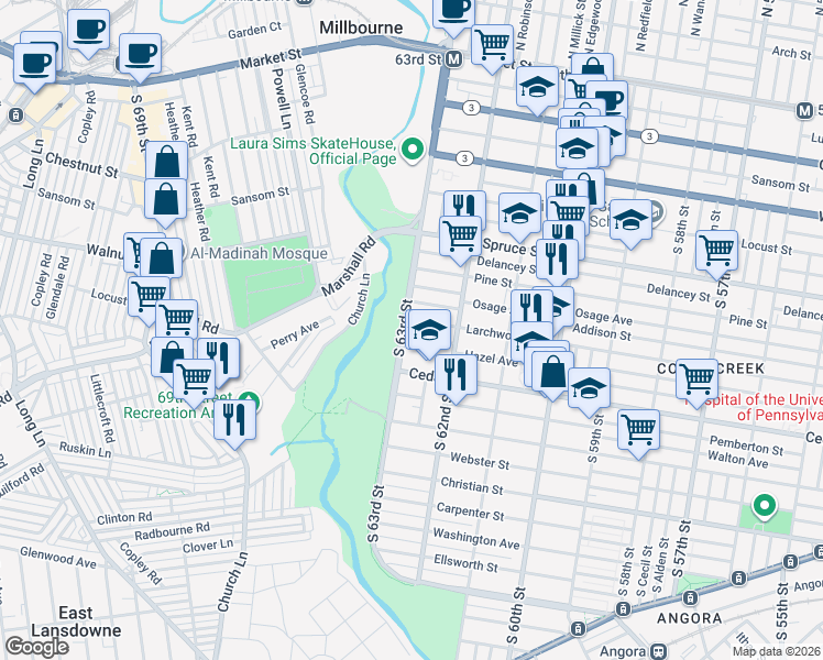map of restaurants, bars, coffee shops, grocery stores, and more near 6230 Hazel Avenue in Philadelphia