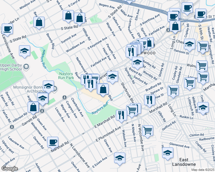 map of restaurants, bars, coffee shops, grocery stores, and more near 356 Beverly Boulevard in Delaware County