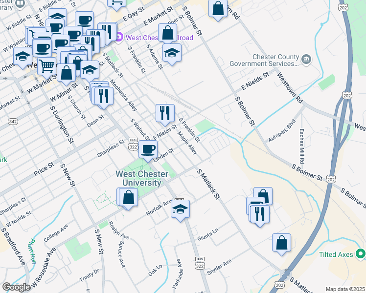 map of restaurants, bars, coffee shops, grocery stores, and more near 737 South Matlack Street in West Chester